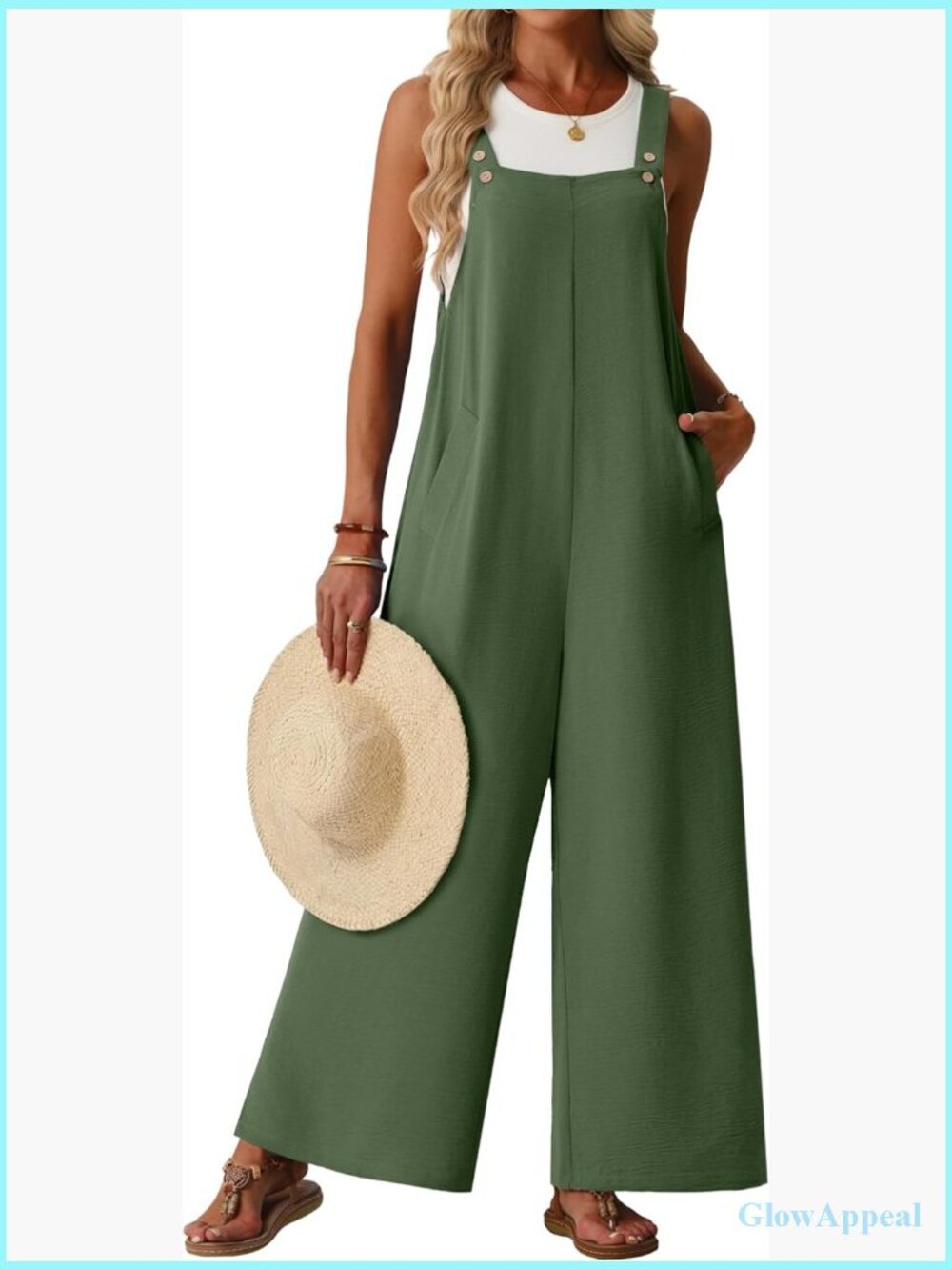 Boho Wide Leg Jumpsuit with Pockets Adjustable Sleeveless